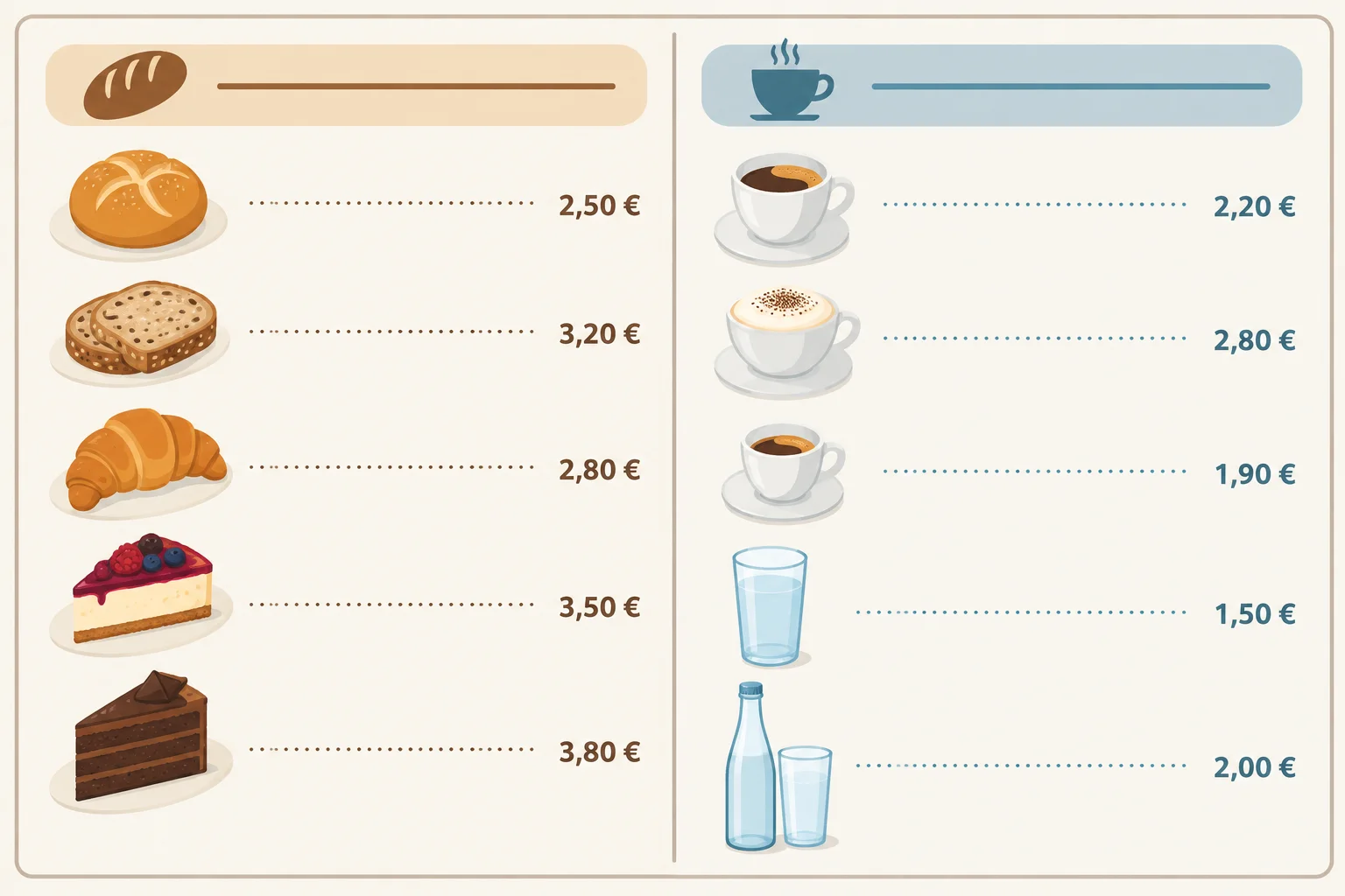 Esquema de um cardápio em duas colunas: comidas à esquerda e bebidas à direita, com cada preço alinhado ao respectivo item.