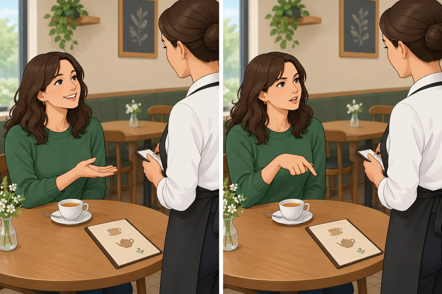 Comparação visual entre um pedido cortês e uma manifestação mais direta de vontade em um café.