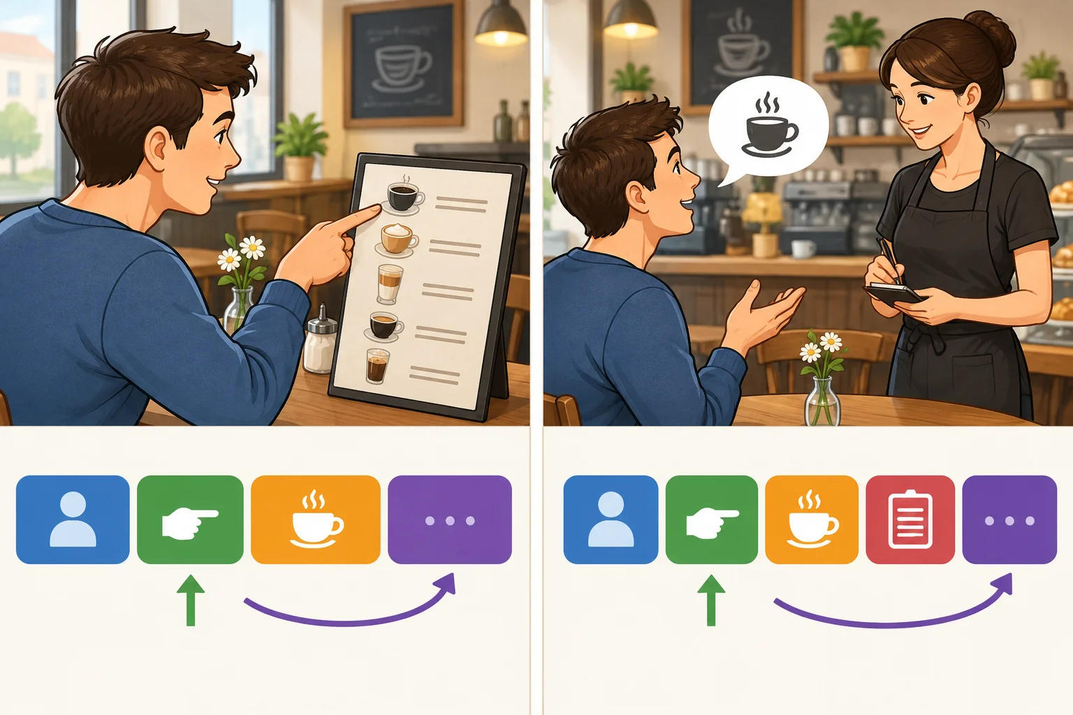 Comparação visual: à esquerda, um pedido de café; à direita, o mesmo pedido com a ação de fazer o pedido explicitada.