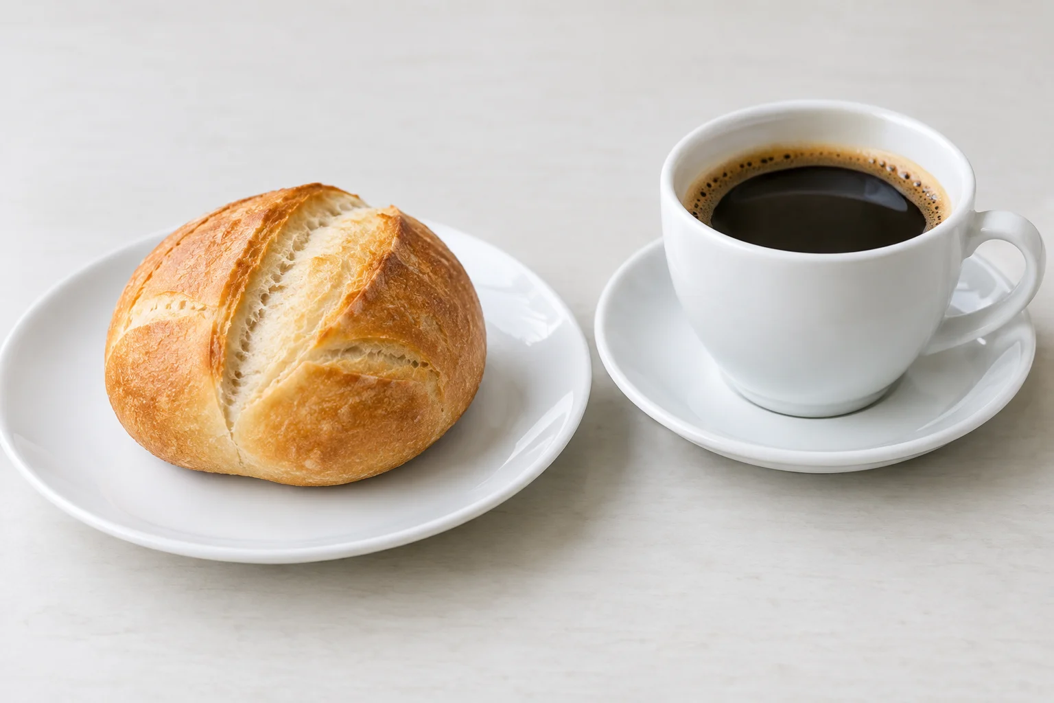 Um pãozinho pequeno em um prato ao lado de uma xícara de café.