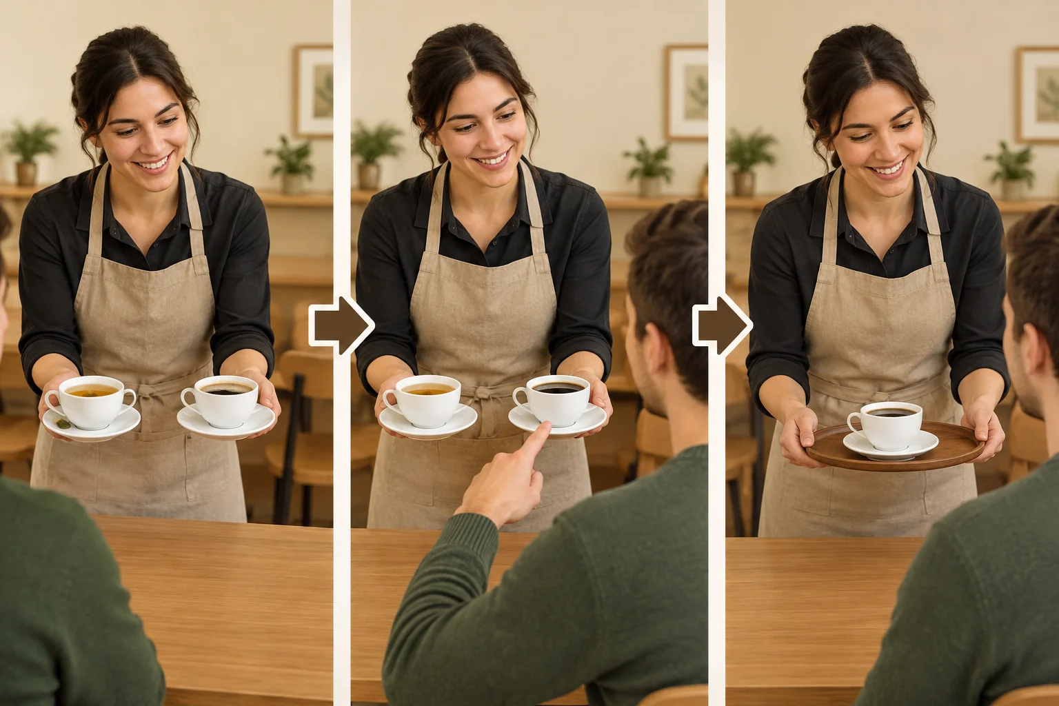 Diagrama visual: chá e café são oferecidos; o cliente escolhe café; a confirmação final mostra uma xícara de café.