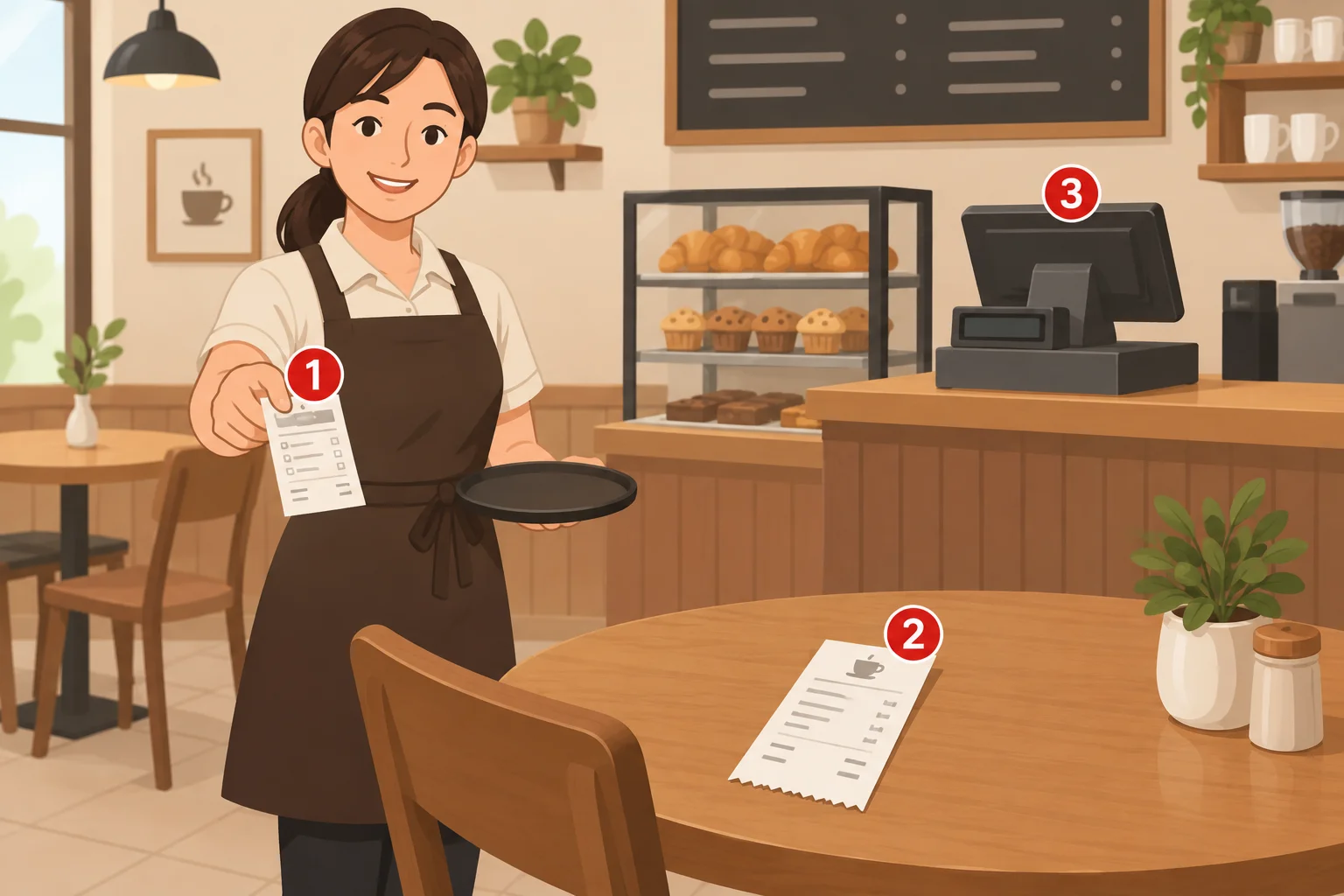 Ilustração de um atendimento em café com três elementos numerados: comanda, conta impressa e caixa registradora.