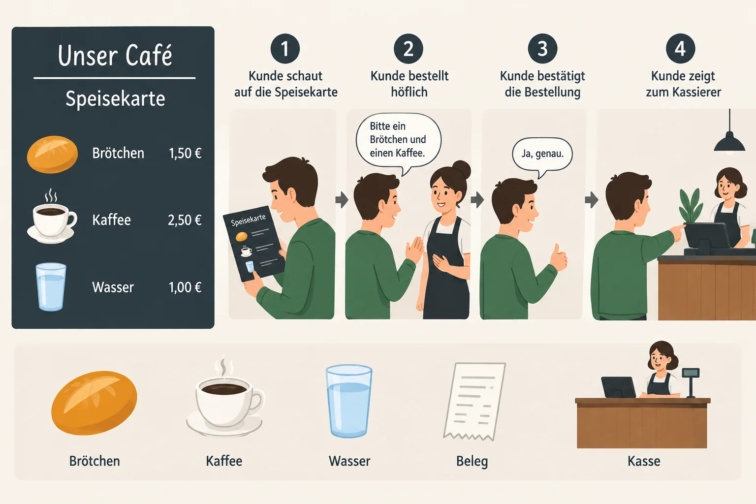 Cardápio curto de café ligado a uma sequência visual: escolher, pedir, confirmar, pedir a conta e localizar o caixa.
