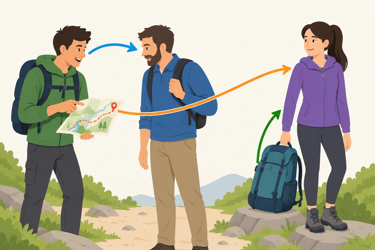 Diagrama com Noah, um homem, uma mulher, uma mochila e um caminho, ligados por setas que representam ajuda, pertencimento e apreciação.