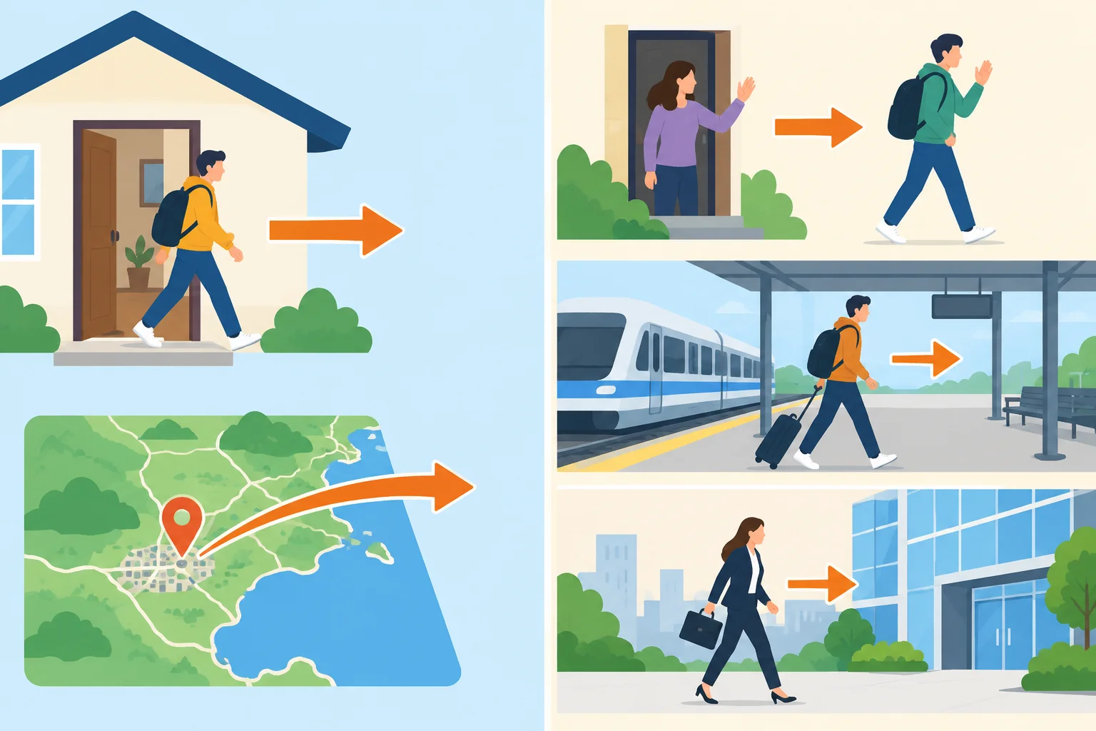 Comparação visual entre sair de dentro de uma casa ou região e vir de uma pessoa, estação ou atividade.