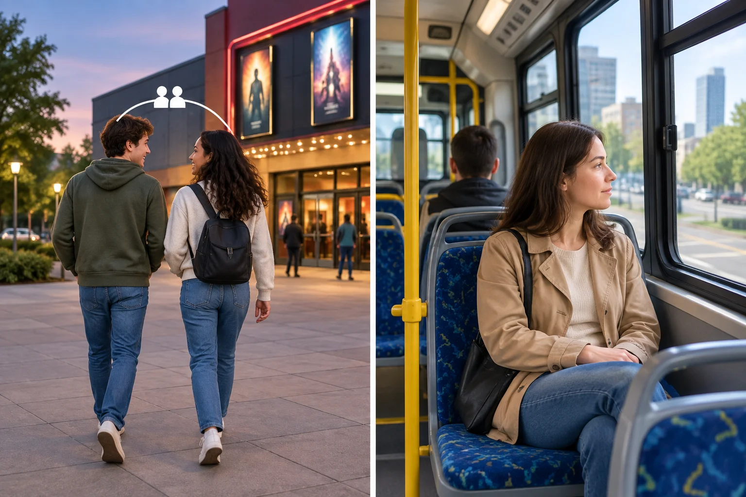 Comparação visual: duas pessoas fazem uma atividade juntas e uma pessoa usa um ônibus como meio de transporte.