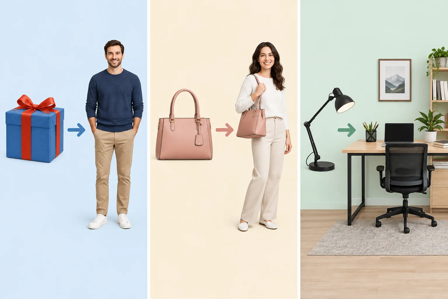 Três situações de destinação: um presente para um homem, uma bolsa para uma mulher e uma luminária para um escritório.