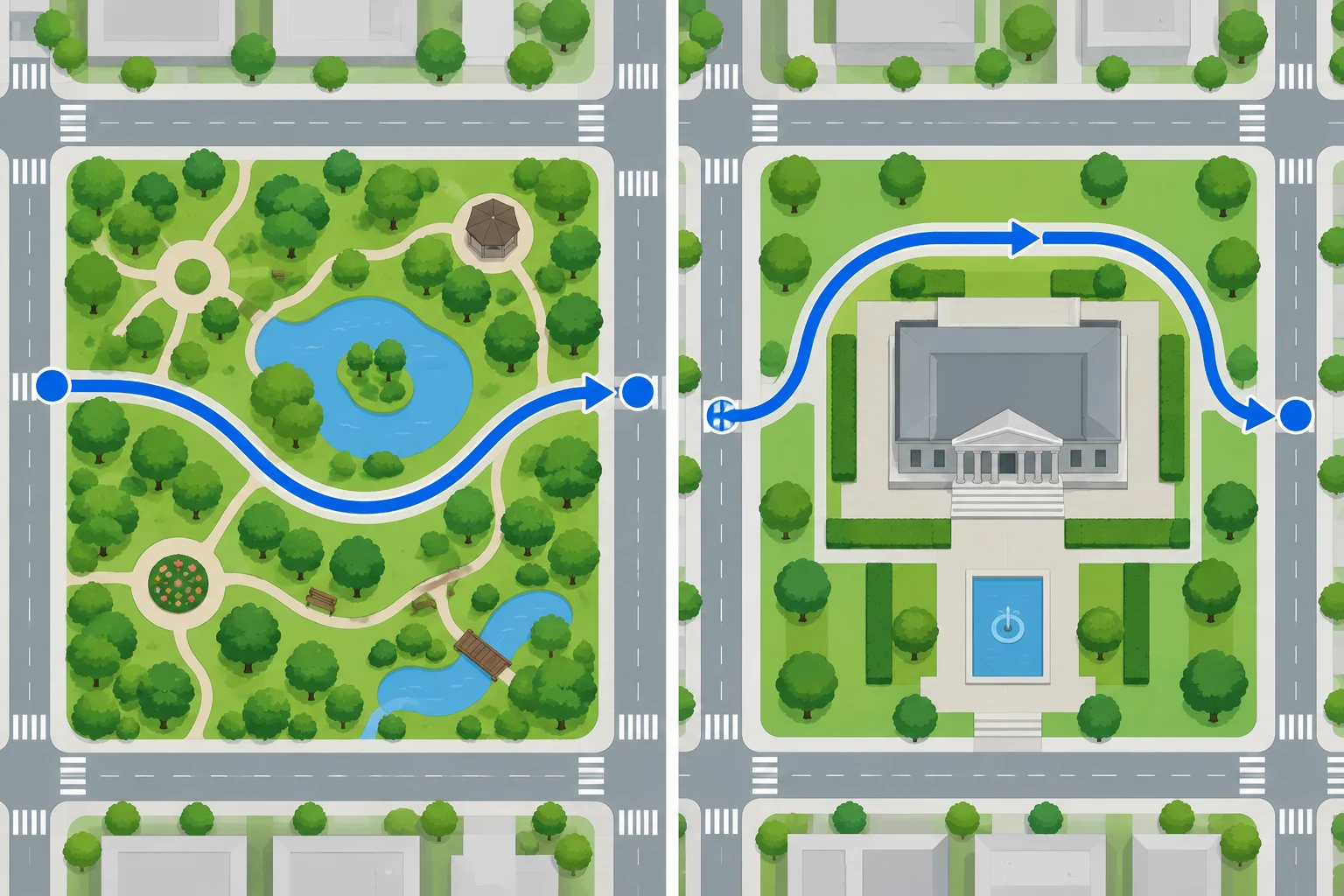 Comparação entre uma seta que passa pelo interior de um parque e outra que faz um percurso ao redor de um museu.