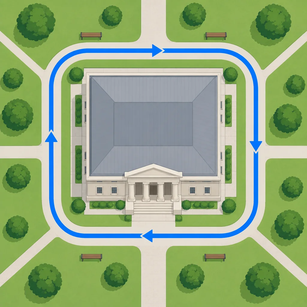 O percurso faz a volta pelo lado de fora do museu.