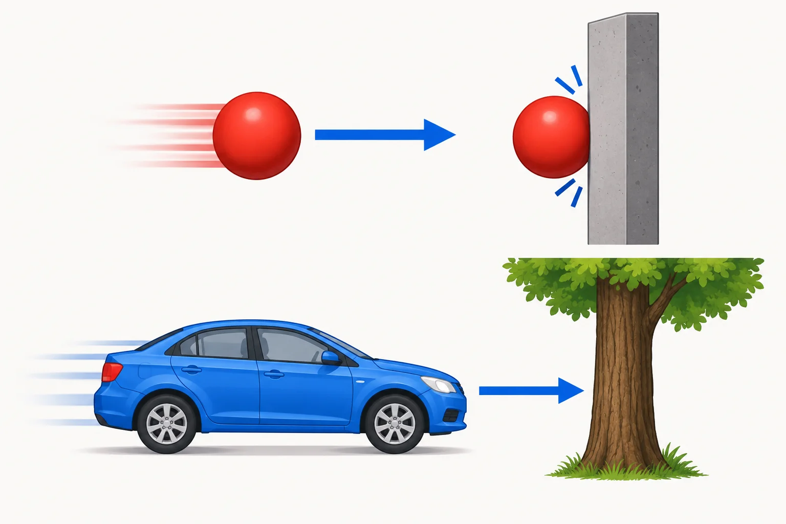 Uma bola vai contra uma parede e um carro vai contra uma árvore; as setas mostram o movimento até o obstáculo.