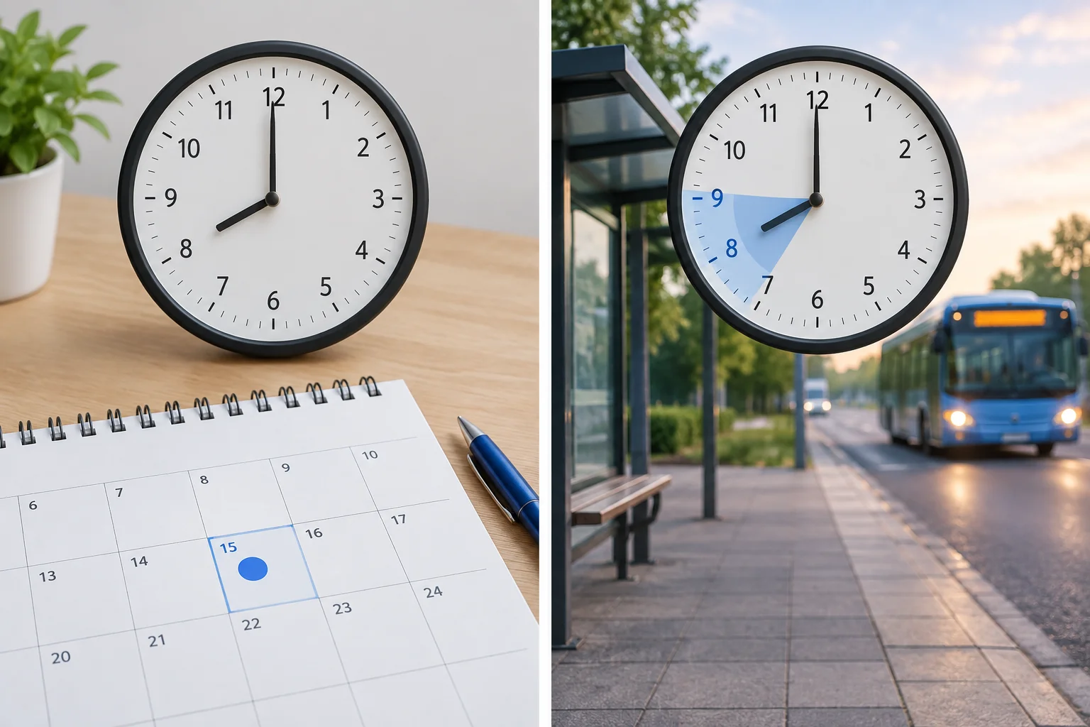 Comparação visual entre oito horas exatas e uma chegada aproximadamente às oito.