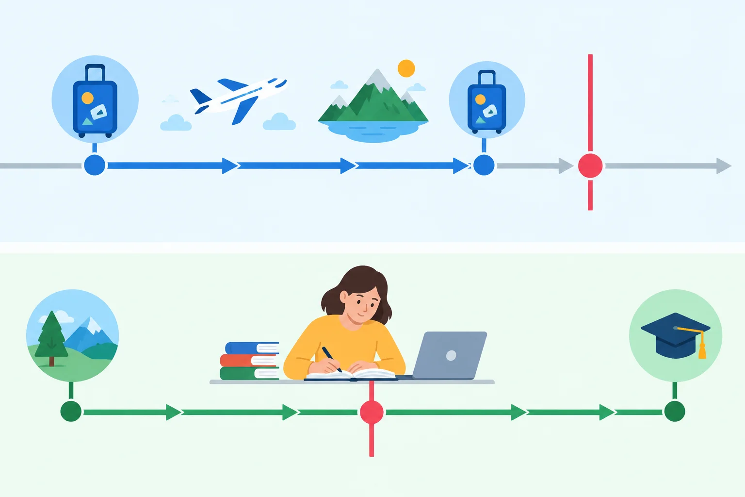 Duas linhas do tempo: uma mostra um período planejado à frente; a outra começa no passado e chega ao presente.