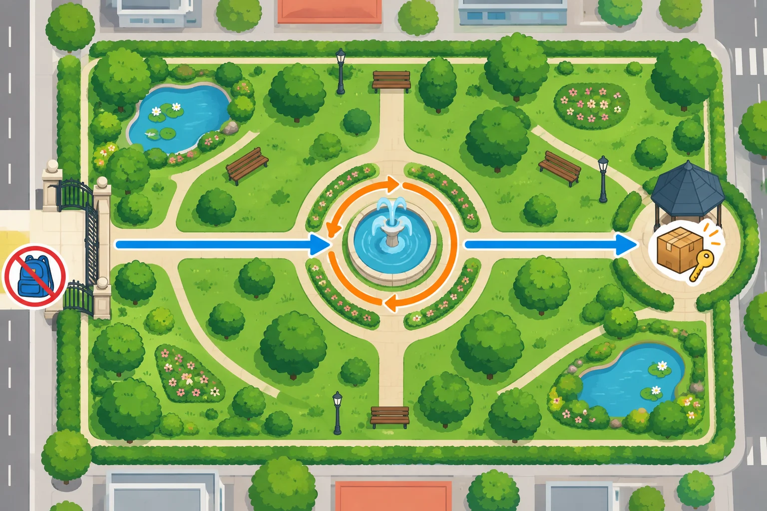 Esquema de um percurso que passa pelo interior de um parque e contorna uma fonte antes de chegar ao ponto de encontro.