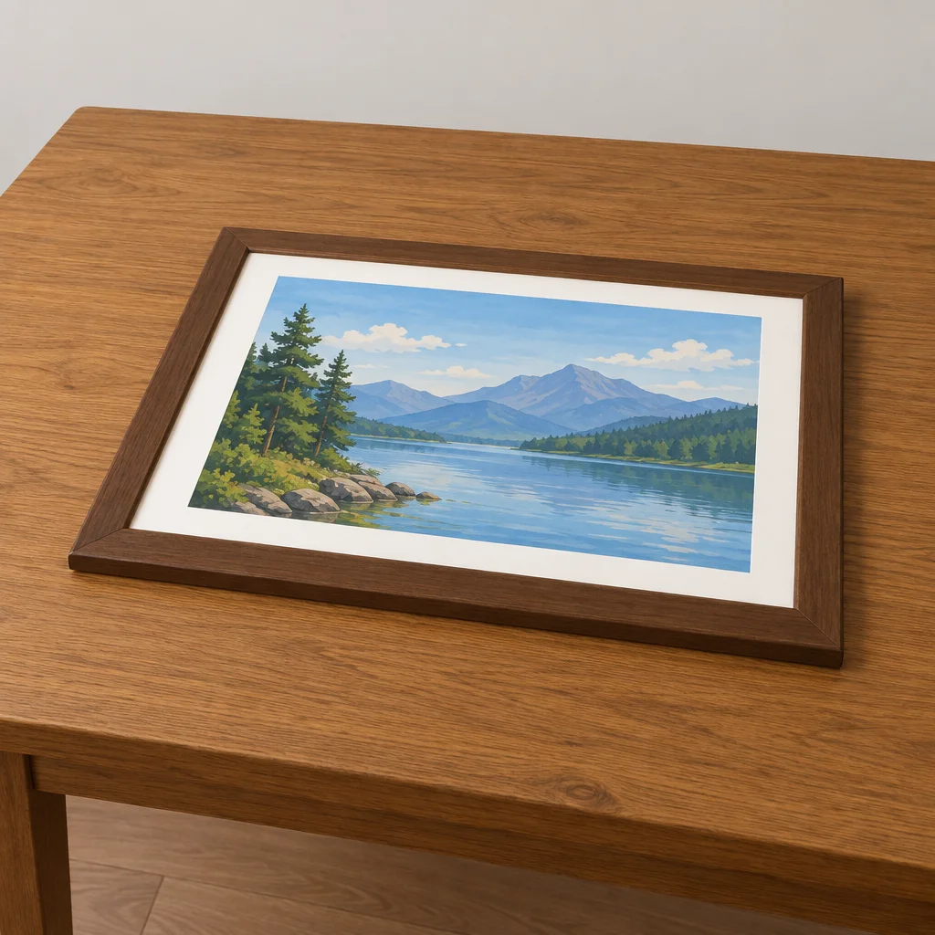 O quadro está sobre a mesa.