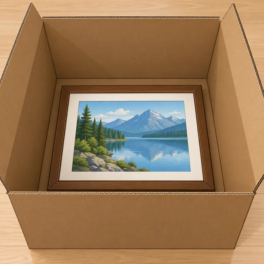 O quadro está dentro da caixa.
