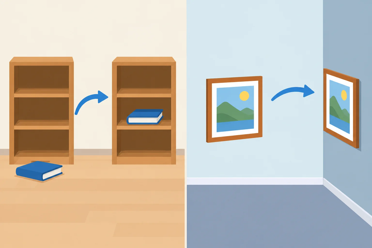 Diagrama com um livro dentro de um compartimento de estante e um quadro em contato com uma parede, representando as relações in e an.