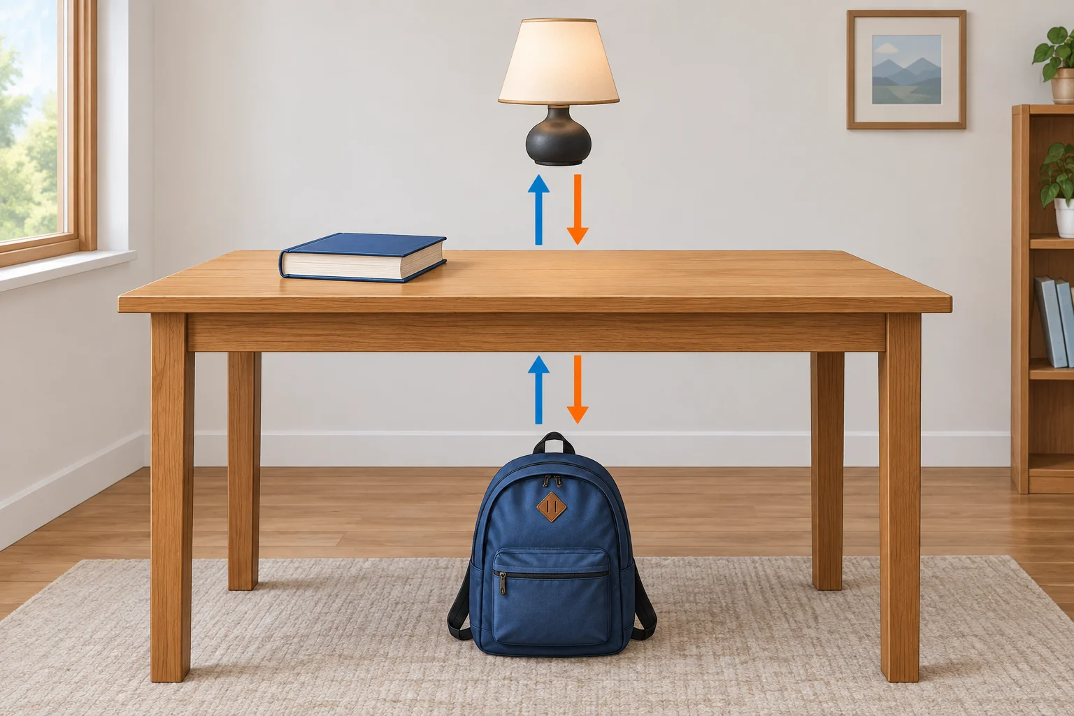 Diagrama de uma mesa: um livro está apoiado sobre ela, uma luminária está acima sem contato e uma mochila está abaixo da mesa.
