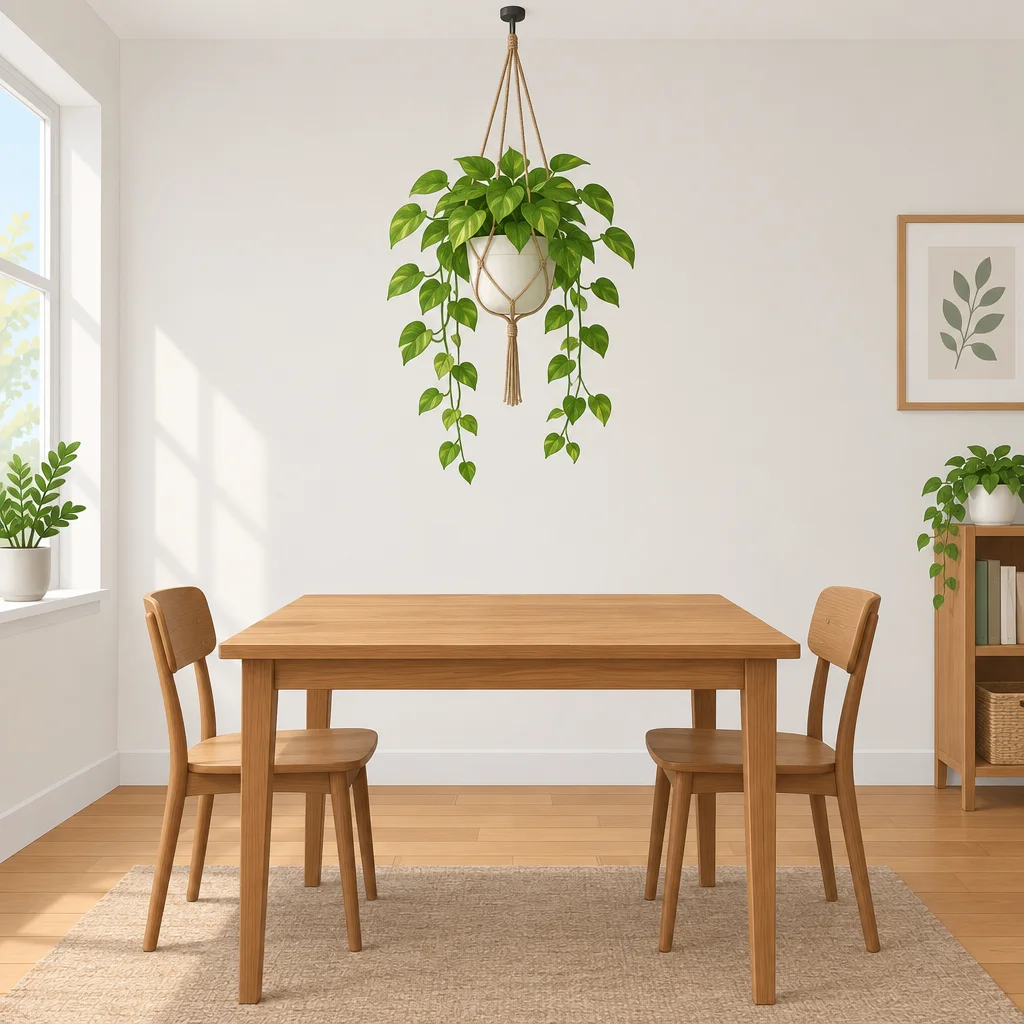 A planta está acima da mesa, sem contato.