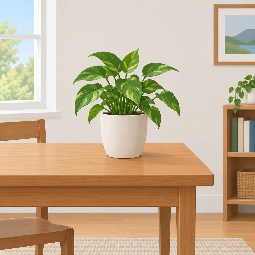 A planta está apoiada sobre a mesa.