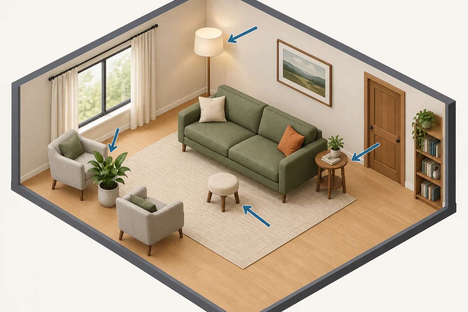 Diagrama de uma sala mostrando um banco à frente do sofá, uma luminária atrás dele, uma mesa lateral ao lado e uma planta entre duas poltronas.