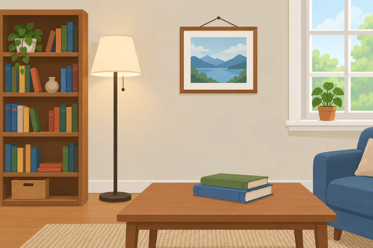 Cômodo com uma luminária em pé ao lado de uma estante, livros deitados sobre uma mesa, um quadro pendurado na parede e uma planta no parapeito da janela.