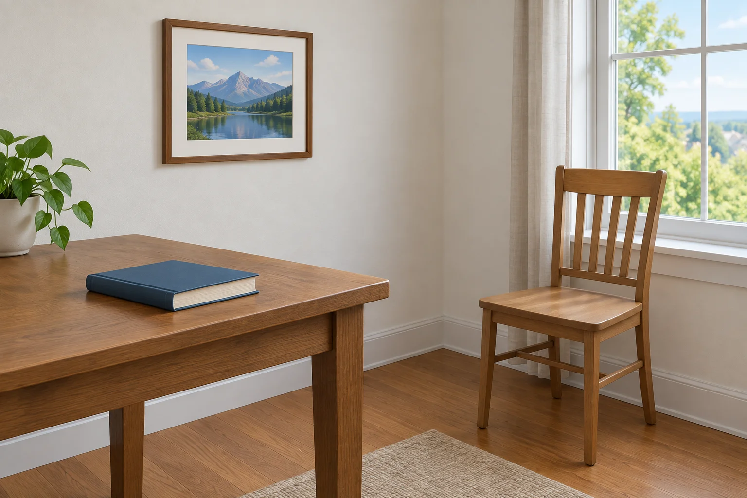 Cena com um livro sobre a mesa, um quadro na parede e uma cadeira ao lado da janela.