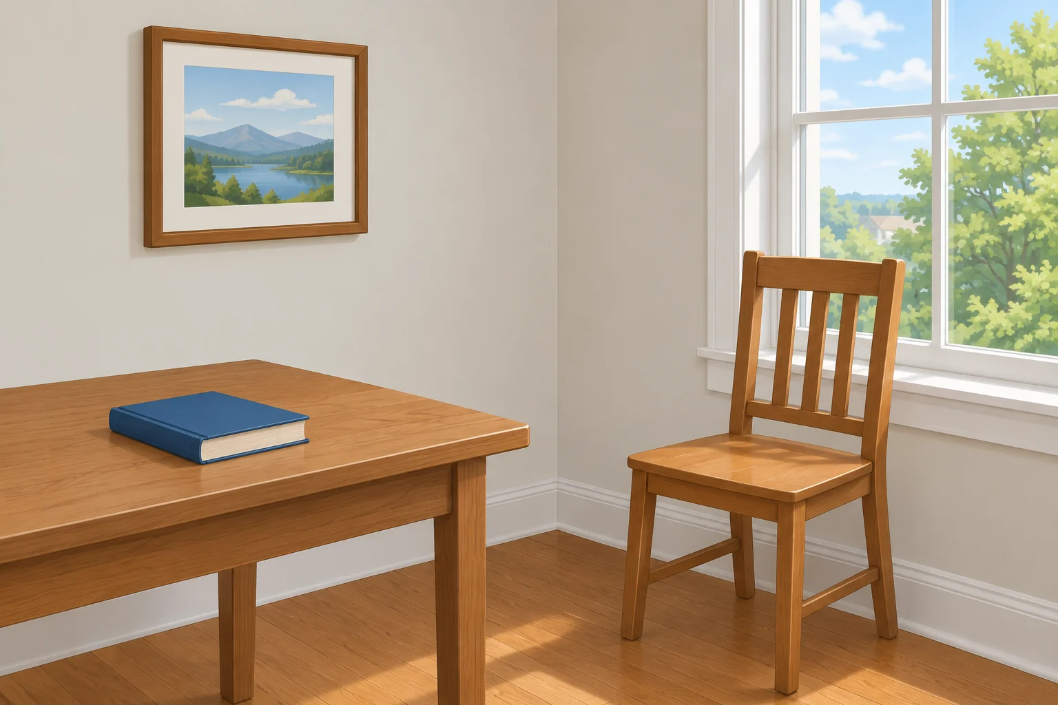Livro sobre a mesa, quadro pendurado na parede e cadeira junto à janela.