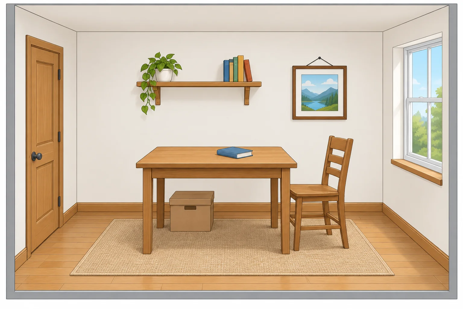 Ilustração de um cômodo com porta, janela, mesa, prateleira, cadeira, livro, quadro e caixa em posições espaciais claras.