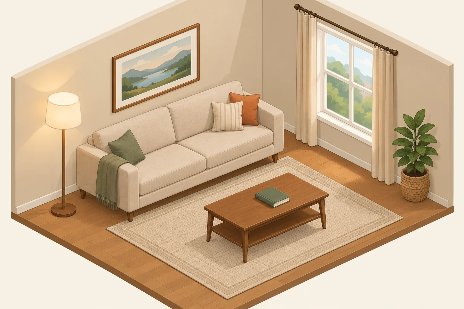 Sala com sofá, quadro acima dele, mesa à frente com livro, tapete entre o sofá e a mesa e uma luminária ao lado.