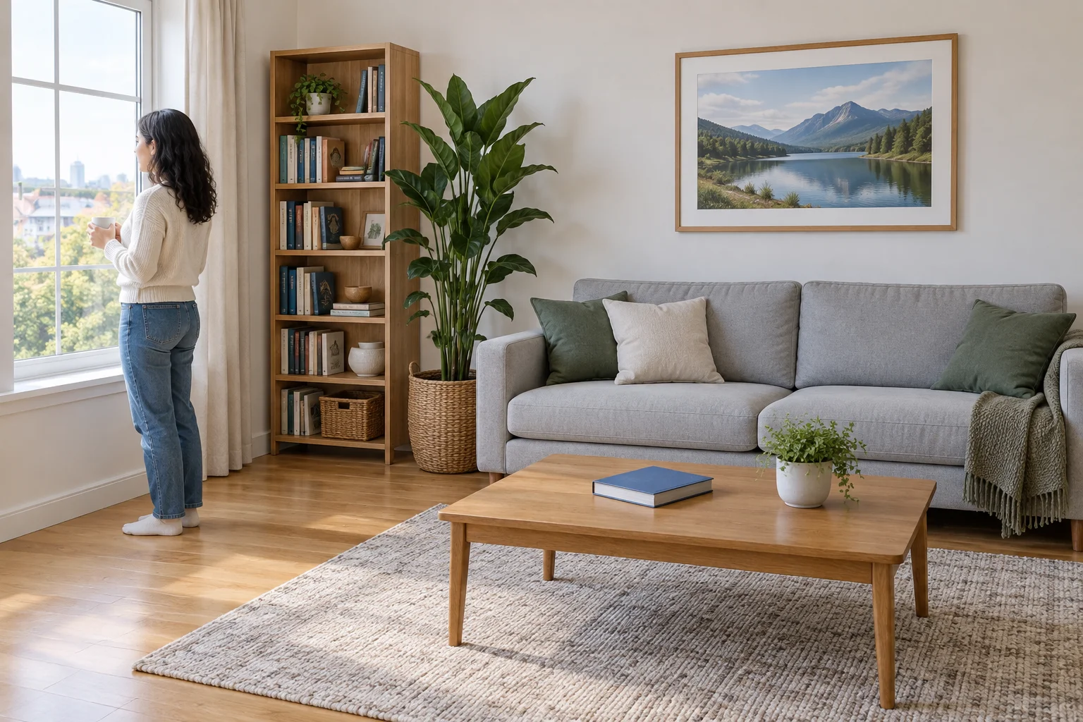 Sala com uma pessoa junto à janela, uma planta ao lado da estante, um quadro acima do sofá, um livro sobre a mesa de centro e um tapete entre o sofá e a mesa.