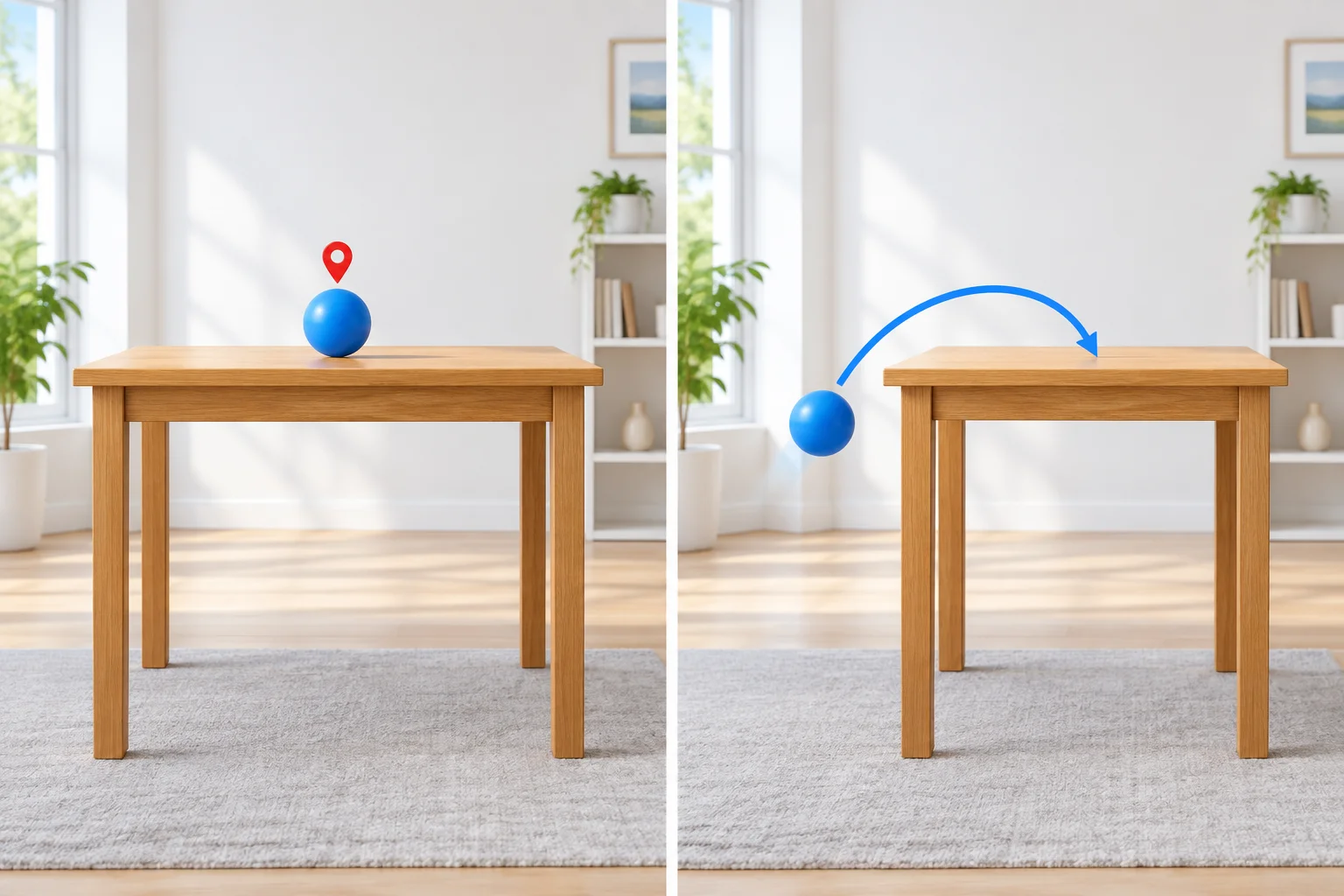 Comparação entre uma bola já sobre a mesa e uma bola indo para cima da mesa, indicada por uma seta.