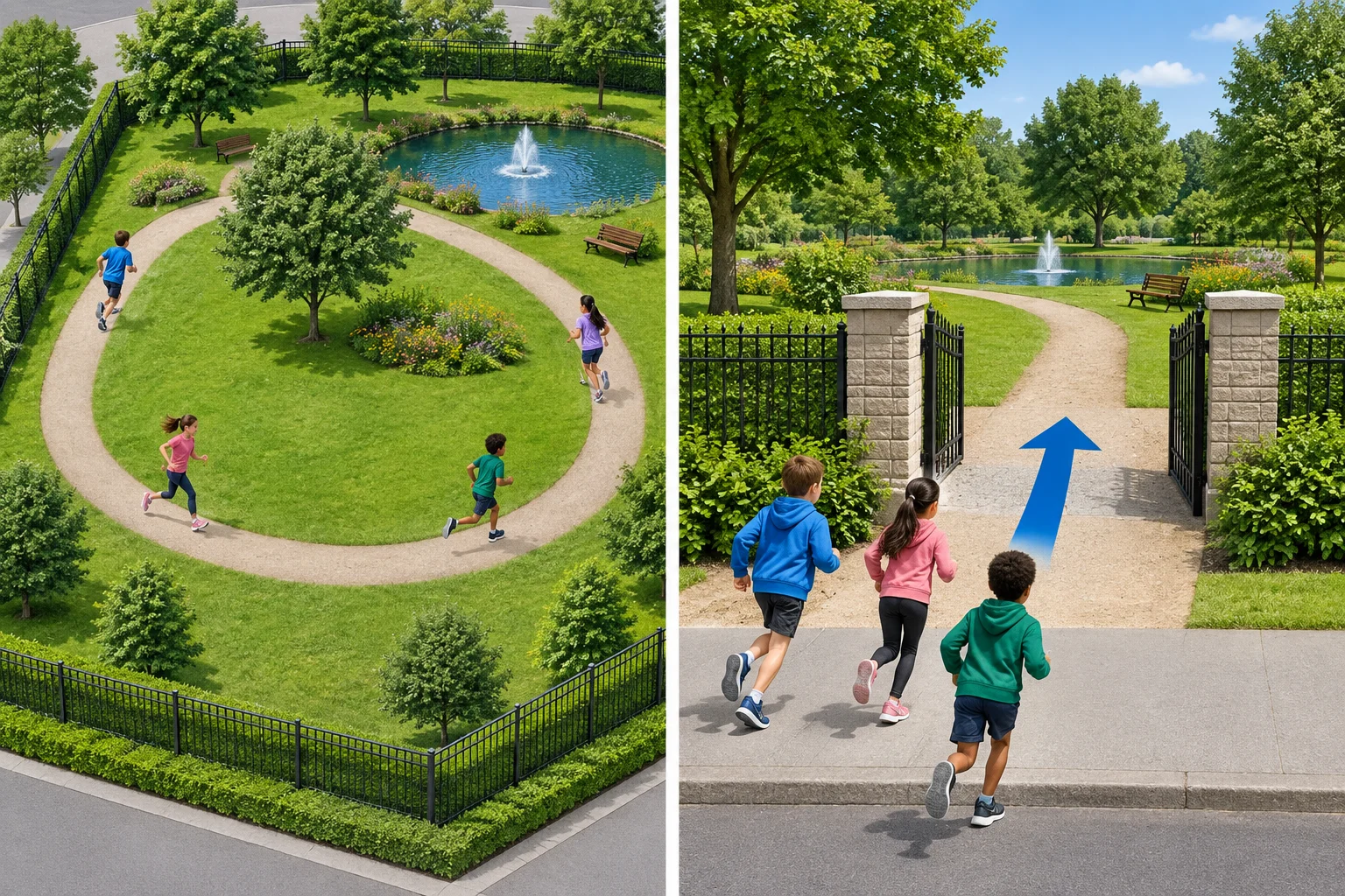 Comparação entre crianças correndo dentro de um parque e crianças correndo para dentro de um parque.