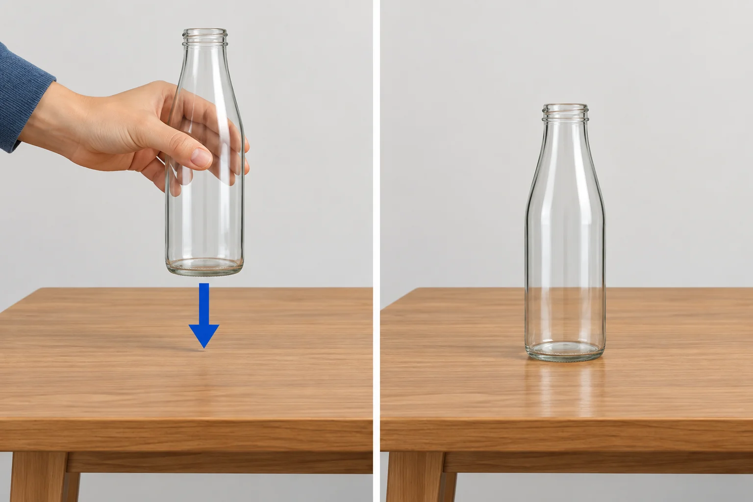 À esquerda, uma mão coloca uma garrafa em pé sobre uma mesa; à direita, a garrafa já está em pé sobre a mesa.
