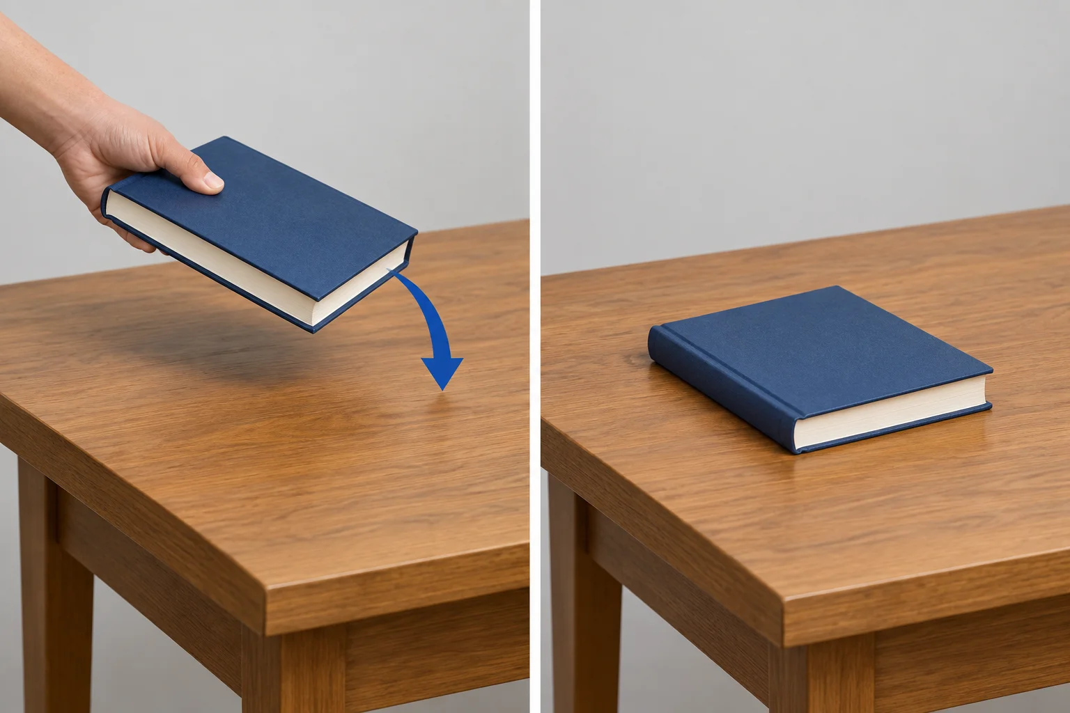 À esquerda, uma mão coloca um livro deitado sobre a mesa; à direita, o livro está deitado sobre a mesa.