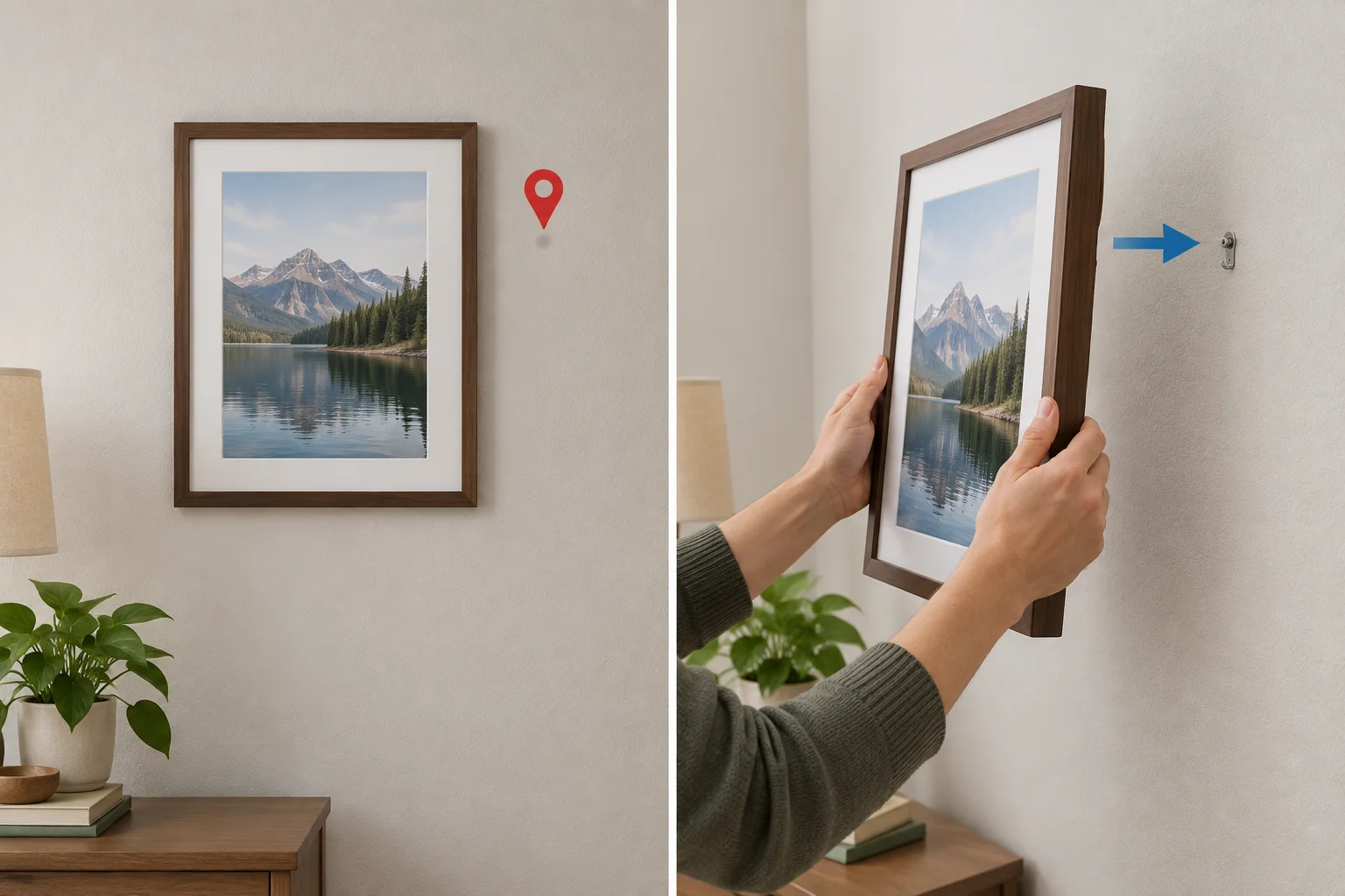 Comparação entre um quadro já pendurado na parede e uma pessoa pendurando o quadro na parede.