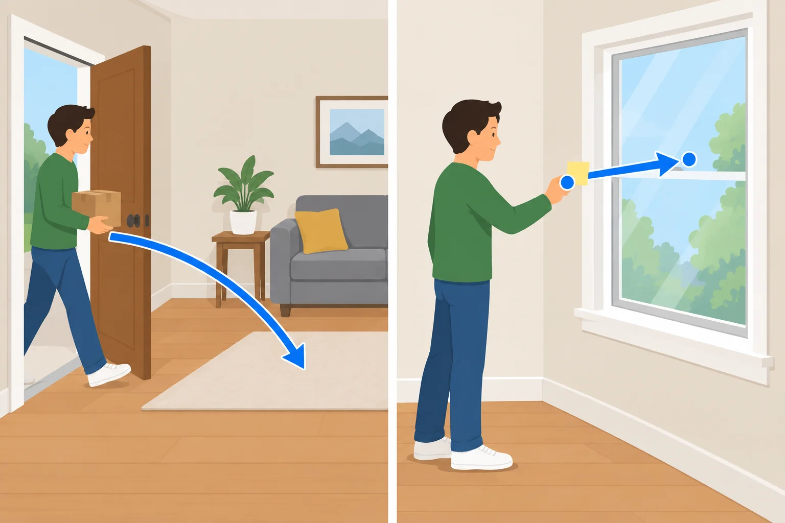 Comparação entre levar uma caixa para dentro de um quarto e mover um bilhete até uma janela.
