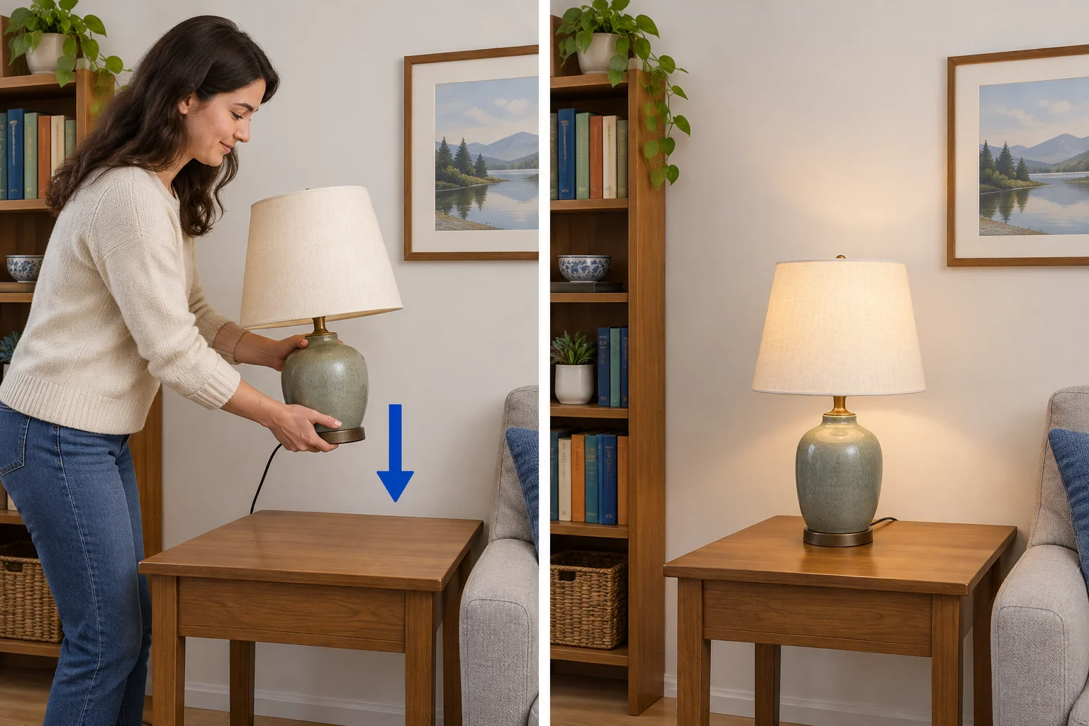 Comparação visual: uma pessoa coloca uma luminária sobre a mesa; depois, a luminária está sobre a mesa.