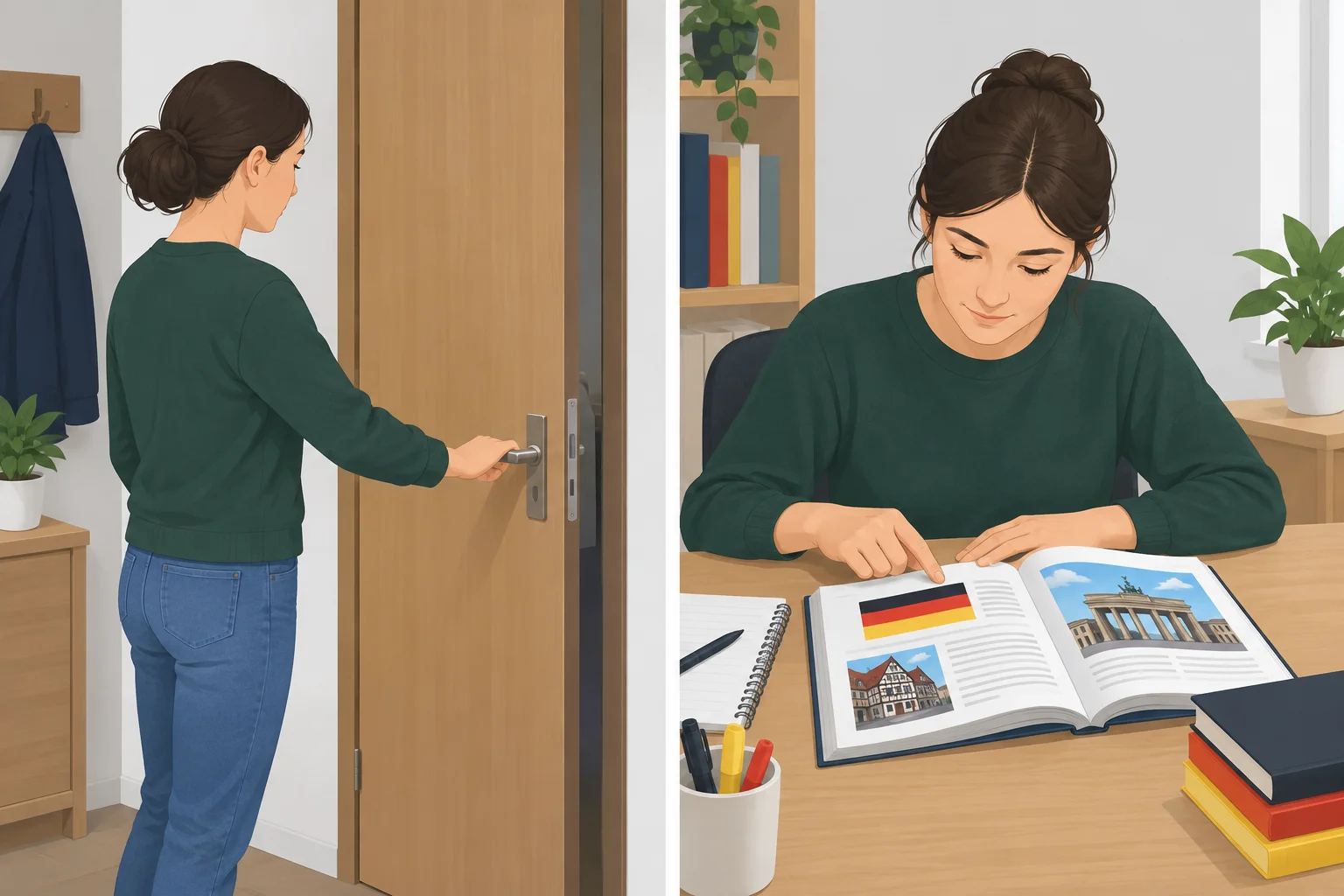 Uma pessoa fechando uma porta e uma pessoa estudando em uma mesa.