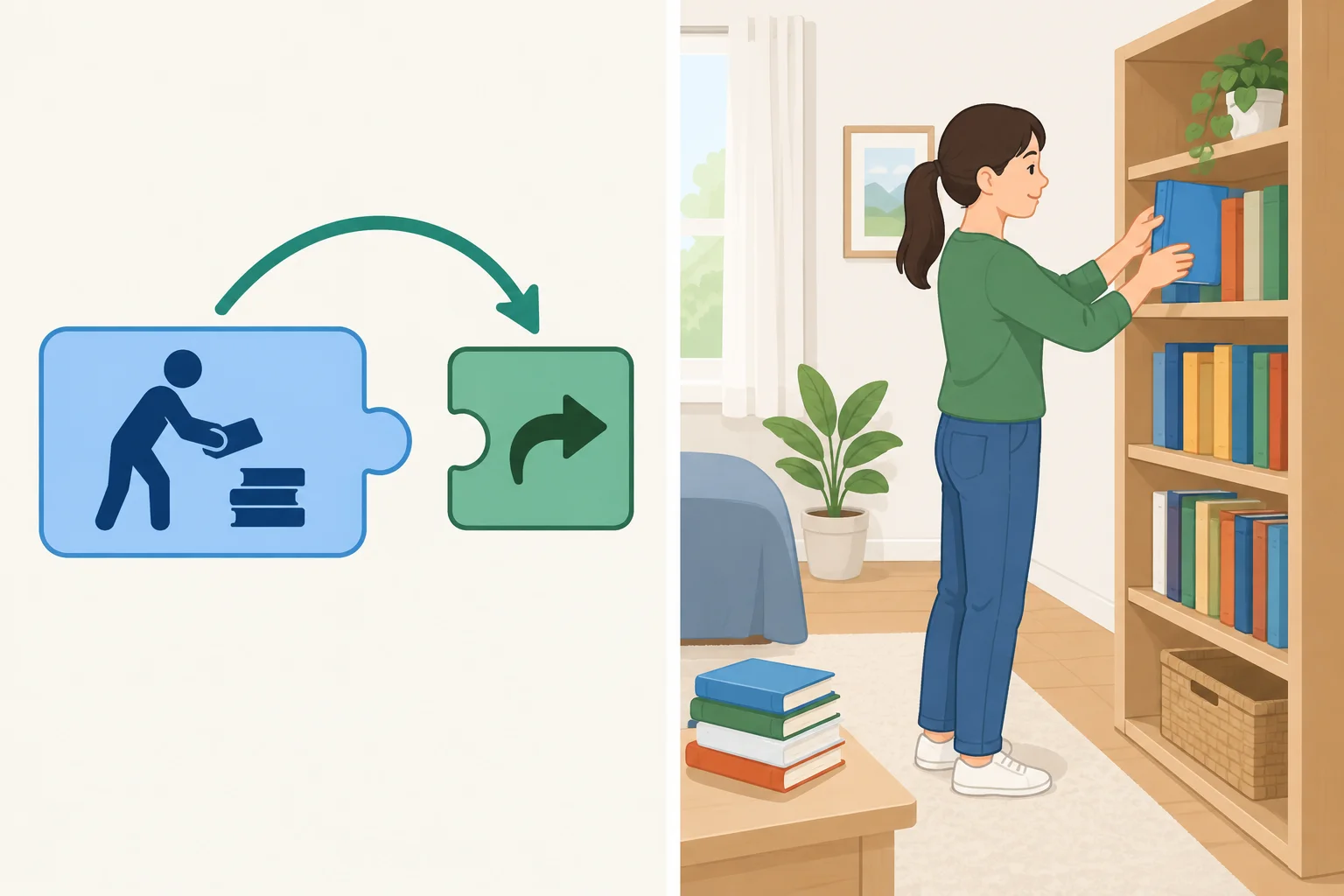 Esquema visual de uma instrução que começa com a parte verbal e termina com o prefixo, mostrando uma pessoa arrumando livros.