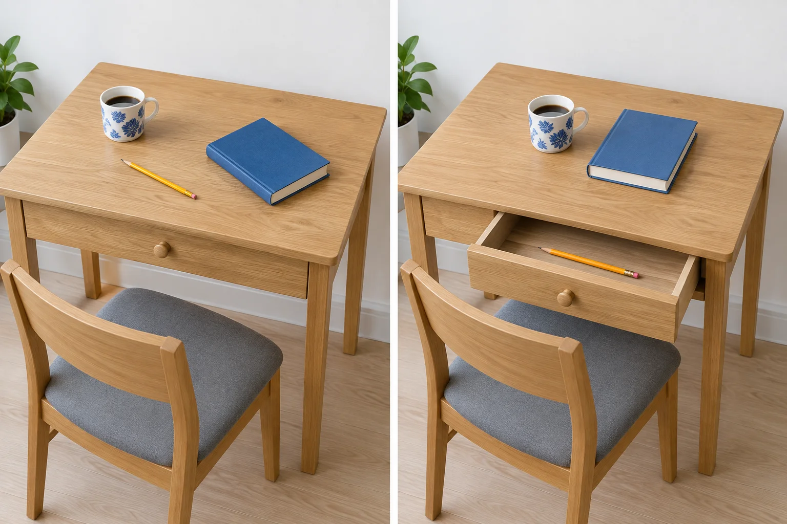 Comparação entre uma mesa desorganizada e o resultado organizado: caneca sobre a mesa, livro ao lado da caneca e lápis na gaveta.