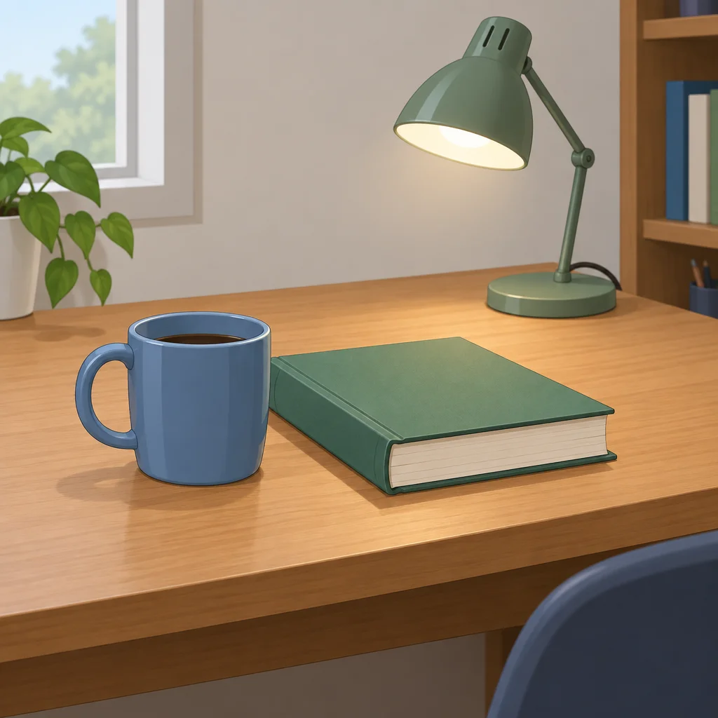 Caneca sobre a mesa, livro ao lado dela e luminária atrás do livro.