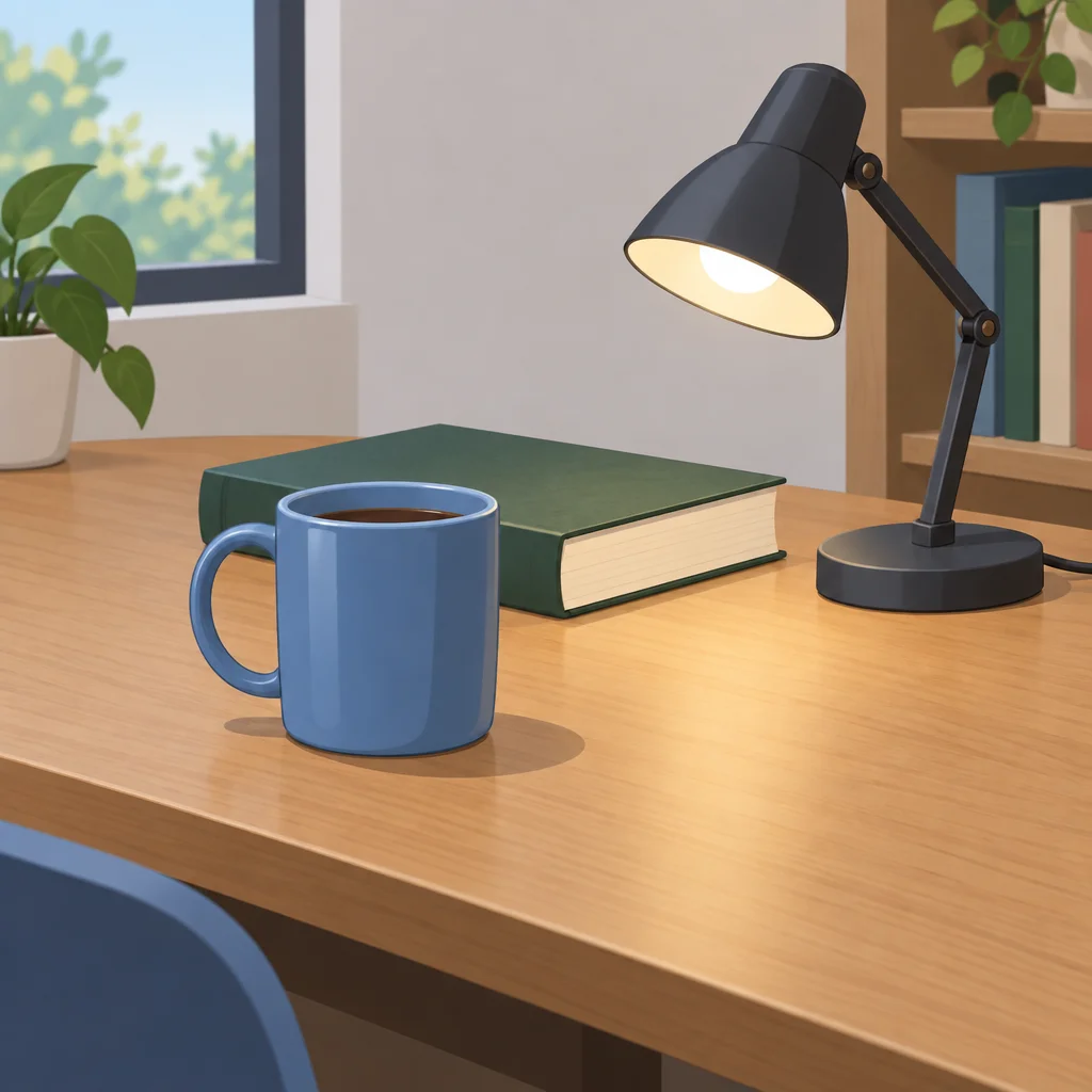 Caneca sobre a mesa, livro atrás dela e luminária ao lado do livro.