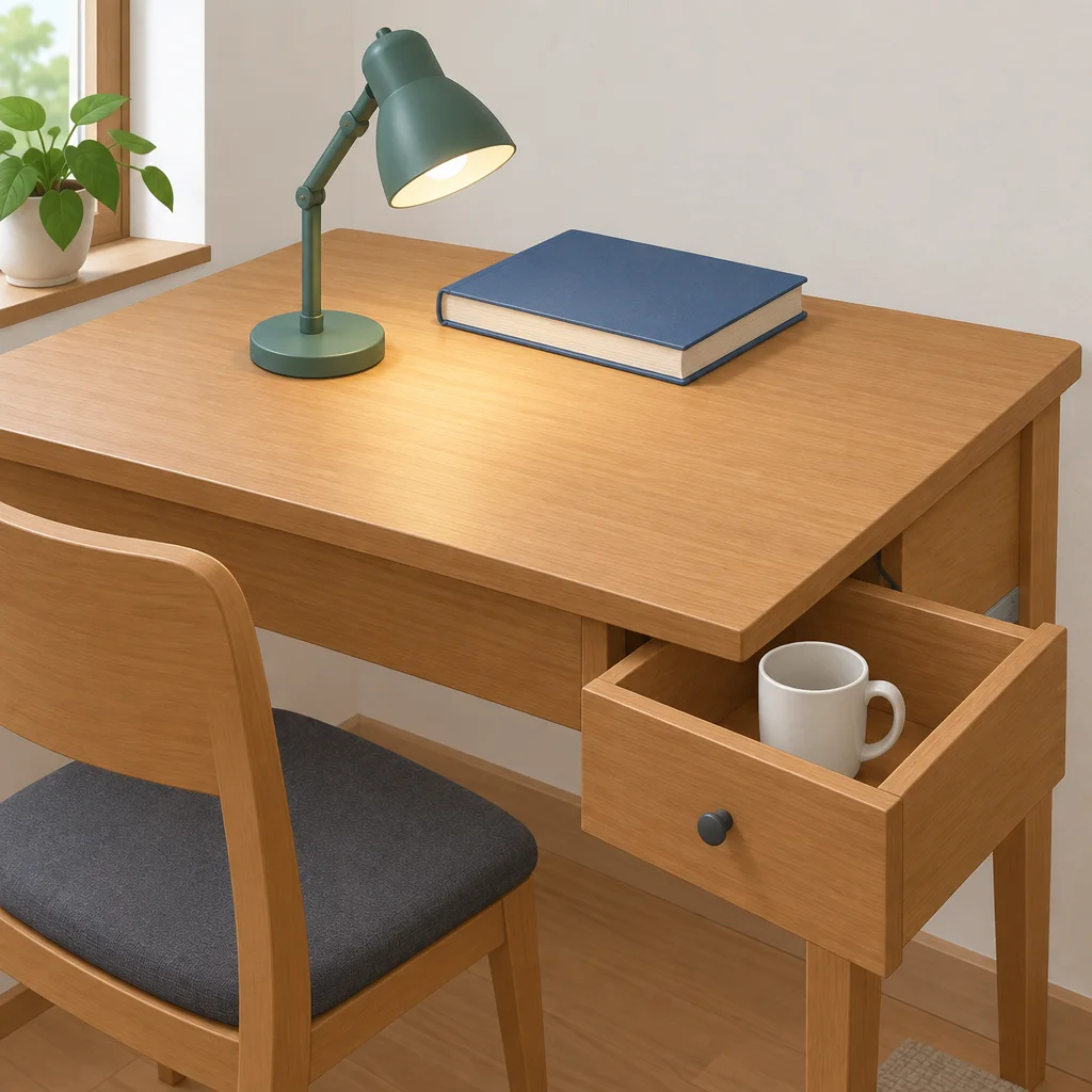 Caneca na gaveta, livro sobre a mesa e luminária na frente do livro.