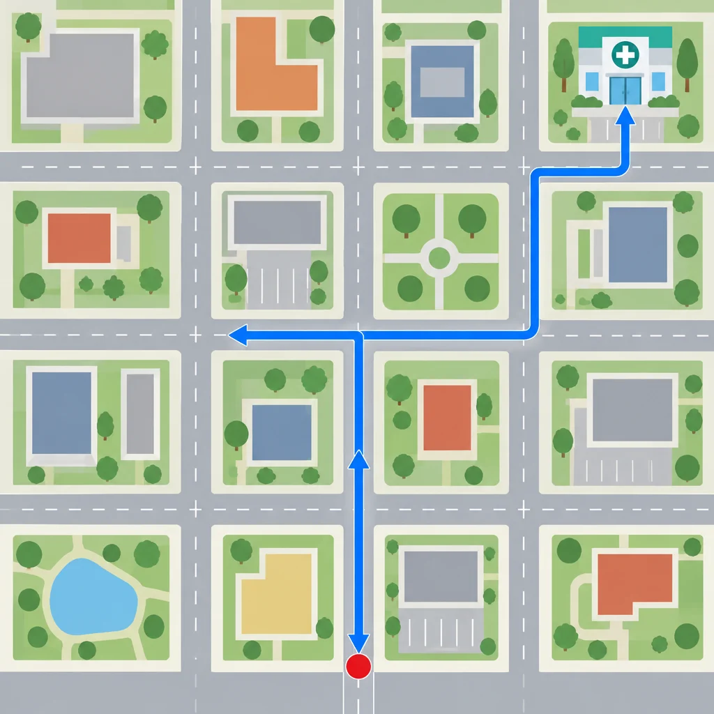 Seguir em frente, virar à esquerda, passar a primeira direita e virar na próxima direita.
