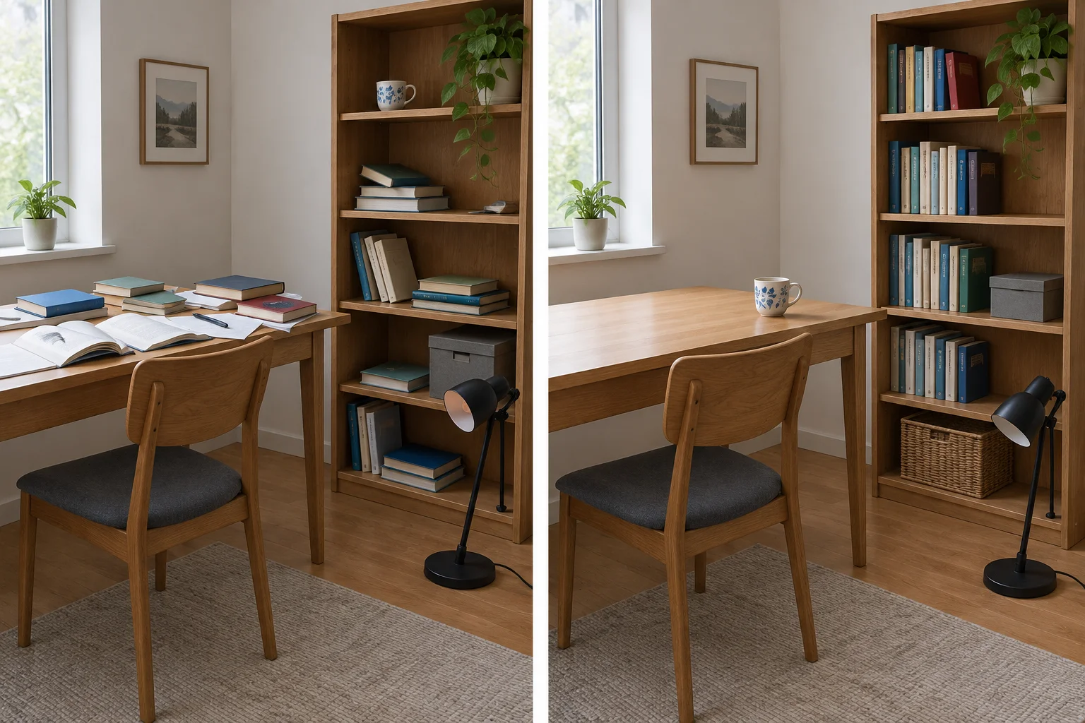 Comparação entre uma mesa desorganizada e o resultado de instruções de organização: livros na estante, xícara na mesa e luminária no chão.