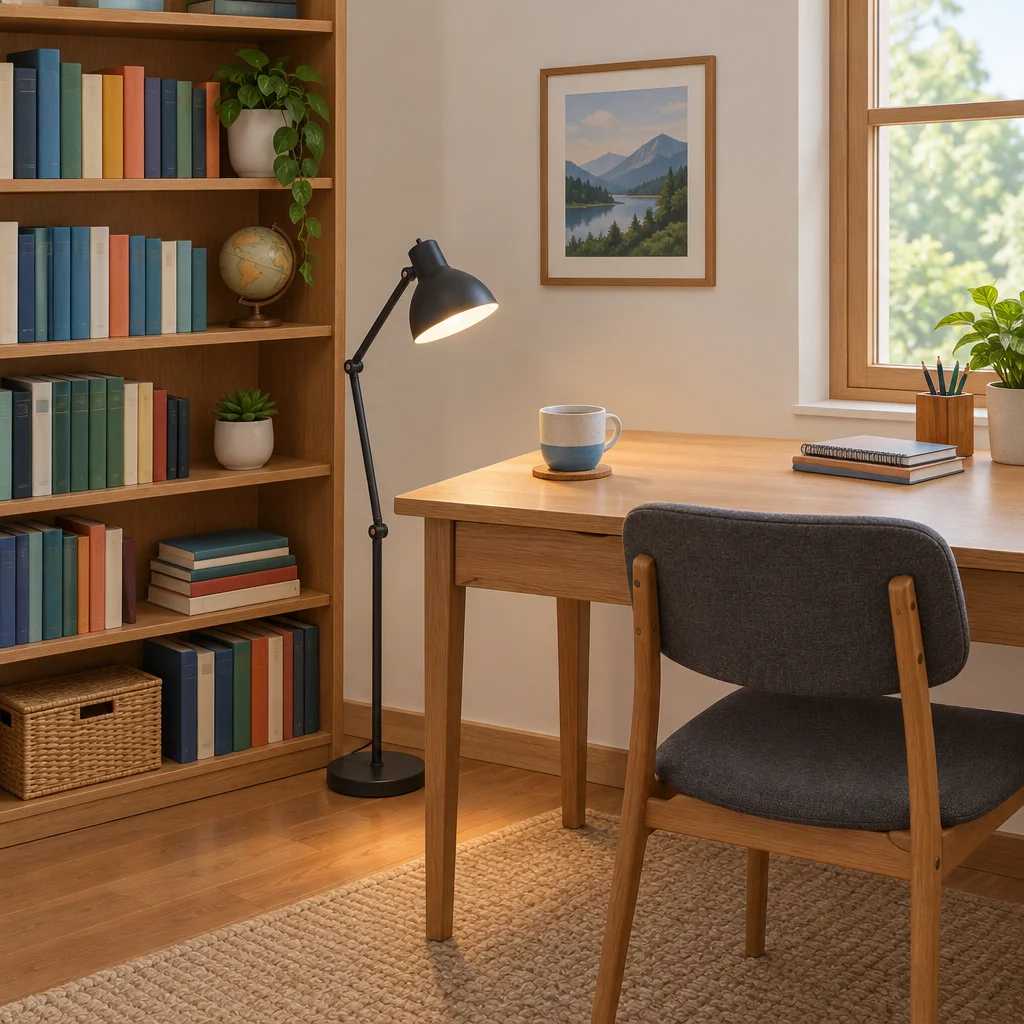 Livros na estante, xícara na mesa e luminária no chão.