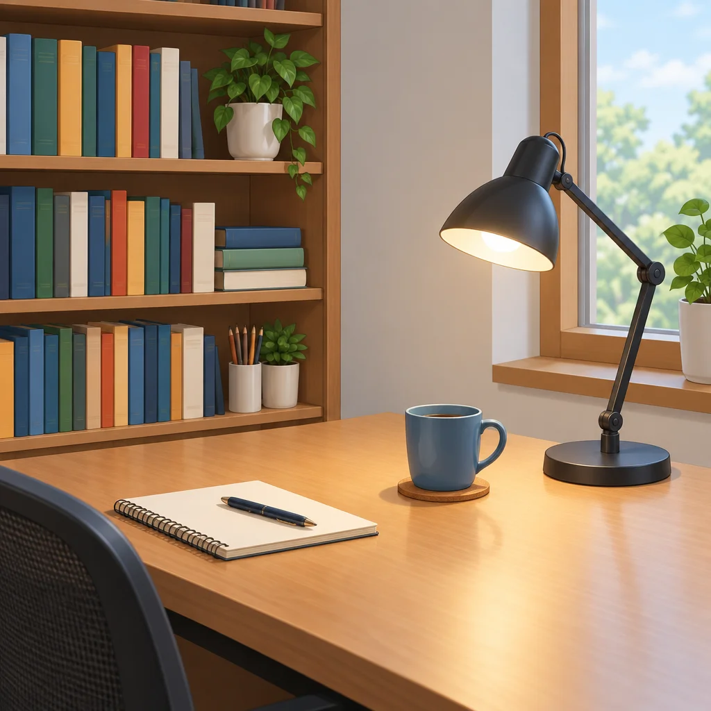 Livros na estante, xícara e luminária na mesa.