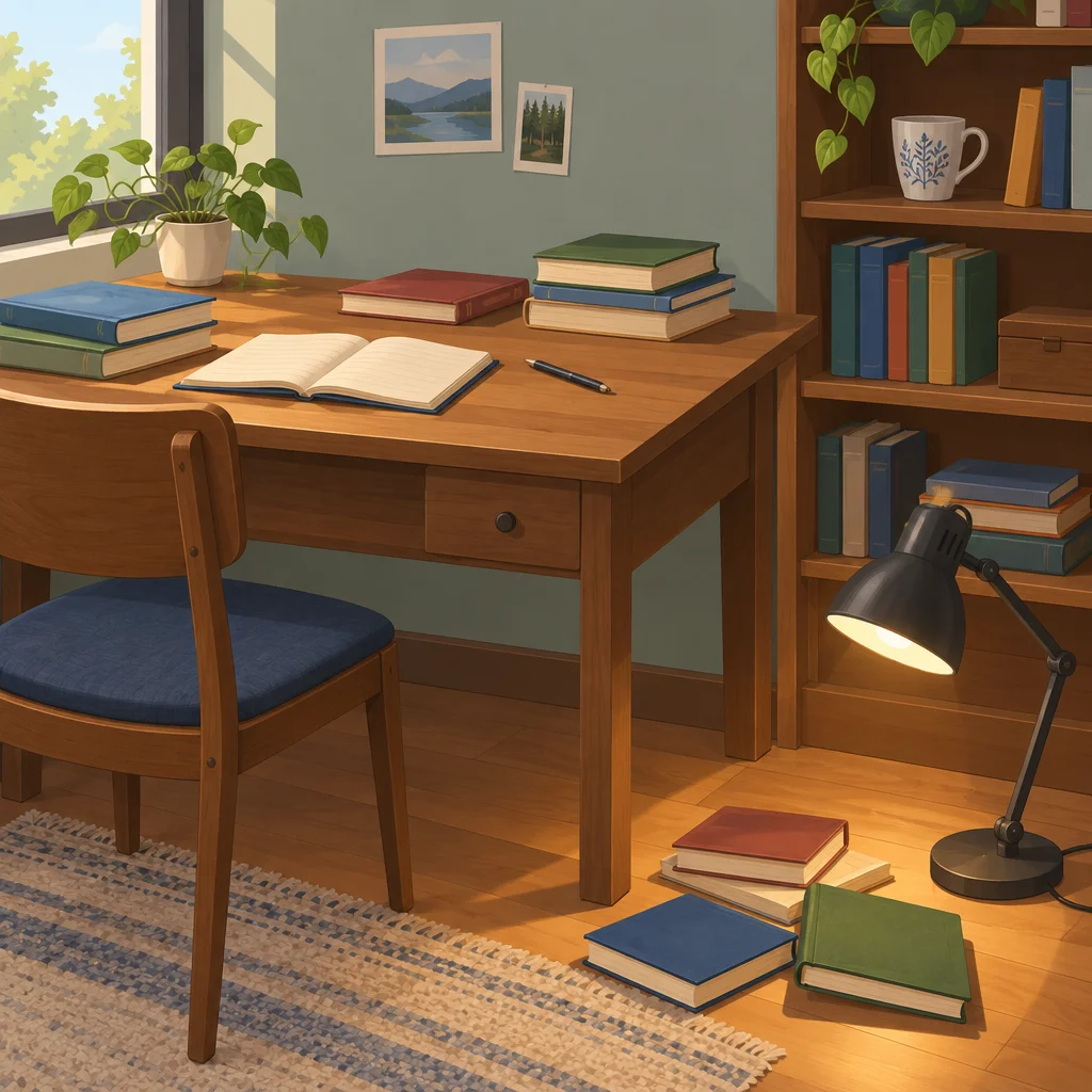 Livros na mesa, xícara na estante e luminária no chão.