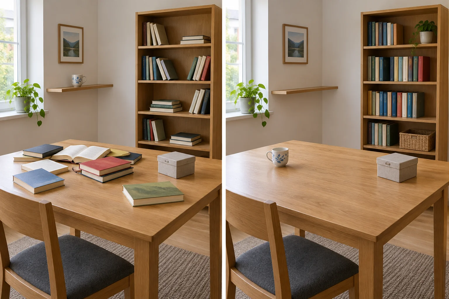 Situação inicial e resultado desejado: livros vão para a estante, xícara vai para a mesa e a caixa permanece na mesa.