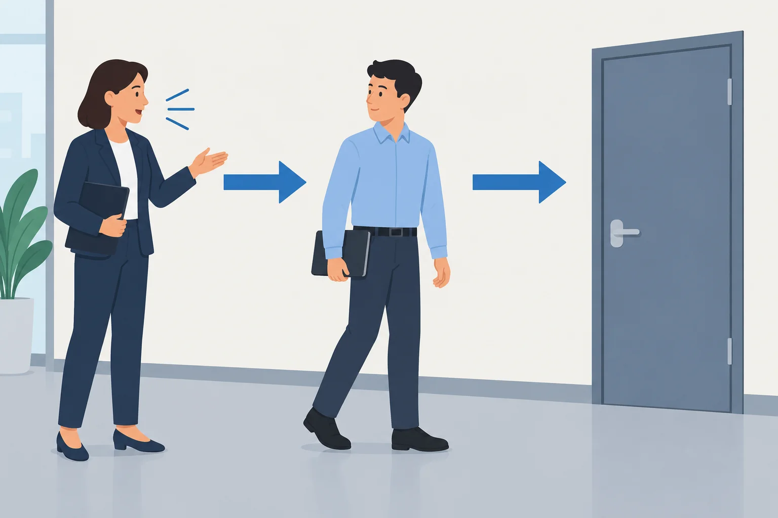 Diagrama mostrando uma pessoa orientando outra, que realiza a ação de fechar uma porta.
